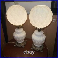 Pair Vintage L&L WMC Milk Glass Hurricane Lamps Lotus Pattern Dual Light