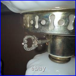 Pair Vintage L&L WMC Milk Glass Hurricane Lamps Lotus Pattern Dual Light