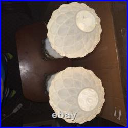 Pair Vintage L&L WMC Milk Glass Hurricane Lamps Lotus Pattern Dual Light