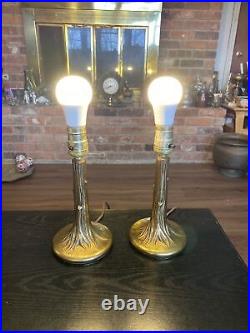 Pair Vintage MCM Casted Metal Tree Trunk Base Table Lamps, Brass Finish