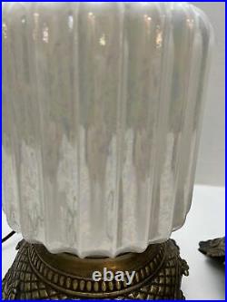 Pair Vintage MCM Hollywood Regency Carnival White Iridescent Glass Table Lamp