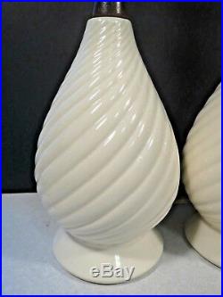 Pair Vintage Mid Century Danish Modern Ceramic Table Lamps White Glaze 2 VGC