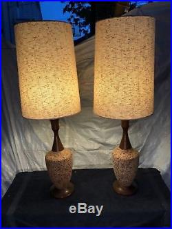 Pair Vintage Mid Century Danish Modern Cork Table Lamps Drum Shades