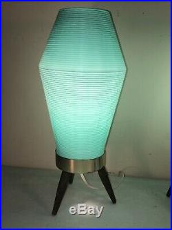 Pair Vintage Mid Century Modern Atomic Turquoise Aqua Beehive Lamp Tripod Base
