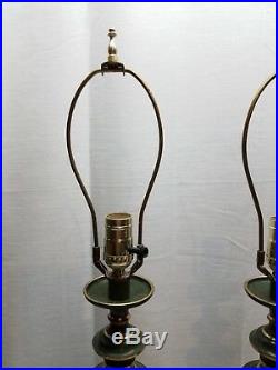 Pair Vintage Mid Century Modern Brass Enamel Embossed Ornate Lamps Metal Bronze