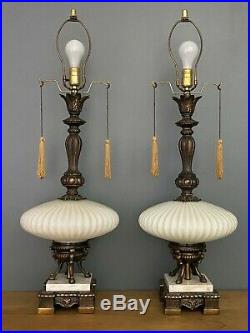 Pair Vintage Mid Century Table Lamps Hollywood Regency Italian 50s Saucer White