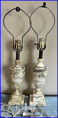 Pair Vintage Neoclassical Italian Carved Art Marble Table Lamps Works Alabaster