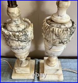 Pair Vintage Neoclassical Italian Carved Art Marble Table Lamps Works Alabaster