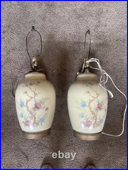 Pair Vintage Pale Yellow Floral Ginger Jar Table Lamps Chinoiserie Asian Inspo