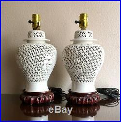 Pair Vintage Pierced Chinese Porcelain Ginger Jar Table Lamps, 1960s Hong Kong