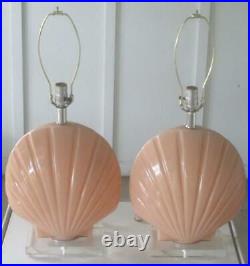 Pair Vintage Pink Glass Shell Table Lamps On Lucite Bases