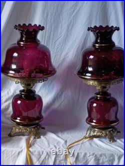 Pair Vintage Purple Glass Table Lamps Ornate Metal Base Shaded Knob Control