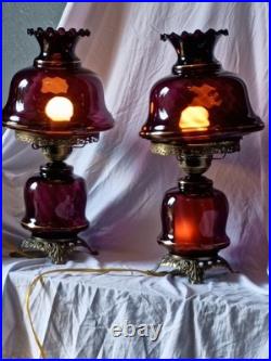 Pair Vintage Purple Glass Table Lamps Ornate Metal Base Shaded Knob Control Pair Vintage Purple Glass Table Lamps Ornate Metal Base Shaded Knob Control