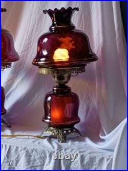 Pair Vintage Purple Glass Table Lamps Ornate Metal Base Shaded Knob Control