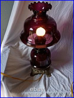 Pair Vintage Purple Glass Table Lamps Ornate Metal Base Shaded Knob Control