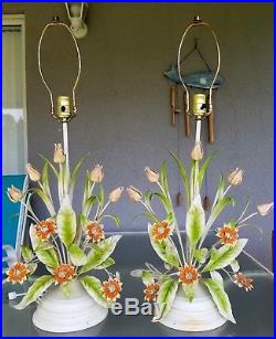 Pair Vintage Retro Tole Floral Lamps Tulips And Daisies Table Light