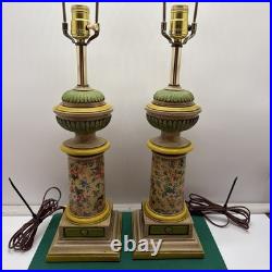 Pair Vintage Shabby Chic Farmhouse Style Green Lamps Floral 19 Tall Set of 2