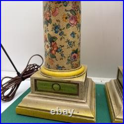 Pair Vintage Shabby Chic Farmhouse Style Green Lamps Floral 19 Tall Set of 2