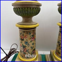 Pair Vintage Shabby Chic Farmhouse Style Green Lamps Floral 19 Tall Set of 2