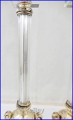 Pair Vintage Silvered Metal & Glass Column Lamps on Lucite Bases