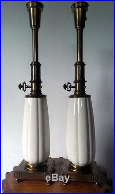 Pair Vintage Stiffel Mid-Century Hollywood Regency Lamp Brass Lenox Porcelain