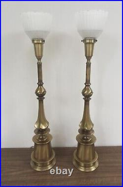 Pair Vintage Stiffel Rembrandt Brass Torchiere Table lamps with diffuser shades