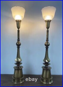 Pair Vintage Stiffel Rembrandt Brass Torchiere Table lamps with diffuser shades