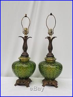Pair Vintage Table Lamps Green Glass Mid Century Hollywood Regency