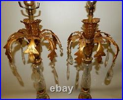 Pair Vintage Tall Table Lamps Ornate Hollywood Regency Gold Gilt Crystal Prisms