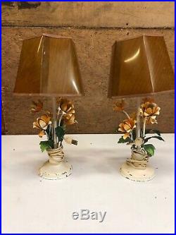 Pair Vintage Tole Metal Flower Floral Bouquet Toleware Table Lamps Mid Century