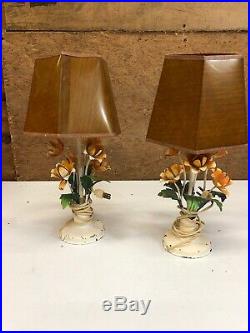 Pair Vintage Tole Metal Flower Floral Bouquet Toleware Table Lamps Mid Century