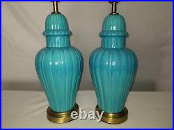 Pair Vintage Turquoise Ceramic Ribbed Ginger Jar Form Table Lamps