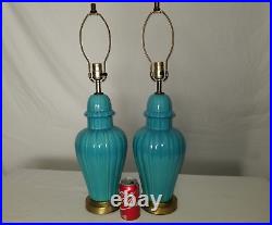 Pair Vintage Turquoise Ceramic Ribbed Ginger Jar Form Table Lamps