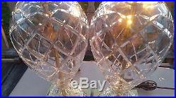 Pair Vintage Waterford Lamps Cut Crystal Glass Brass Table Criss Cross Dot