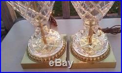 Pair Vintage Waterford Lamps Cut Crystal Glass Brass Table Criss Cross Dot