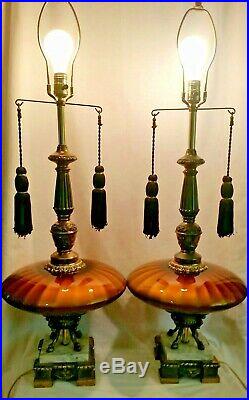 Pair Vtg 70s Table Lamps Amber Glass Saucer Marble Hollywood Regency Style Base