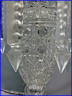 Pair Vtg Crystal Cut Glass Table Lamps with Chunky Lg Gothic Prisms Brass Base