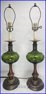 Pair Vtg Mid Century Green Optic Glass Globe Hollywood Regency Lamps