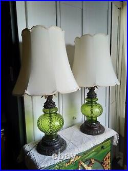 Pair Vtg Mid Century Green Optic Glass Globe Hollywood Regency Lamps