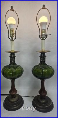 Pair Vtg Mid Century Green Optic Glass Globe Hollywood Regency Lamps