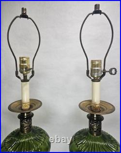 Pair Vtg Mid Century Green Optic Glass Globe Hollywood Regency Lamps