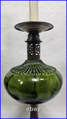 Pair Vtg Mid Century Green Optic Glass Globe Hollywood Regency Lamps