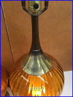 Pair Vtg Mid Century Hollywood Regency Amber Glass & Brass Panel Lamps 3 way