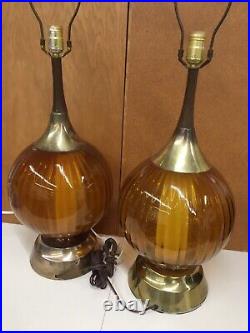 Pair Vtg Mid Century Hollywood Regency Amber Glass & Brass Panel Lamps 3 way