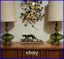 Pair Vtg. Mid Century Hollywood Regency Green Optic Glass Saucer Table Lamps
