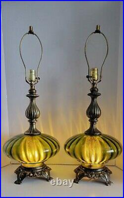 Pair Vtg. Mid Century Hollywood Regency Green Optic Glass Saucer Table Lamps
