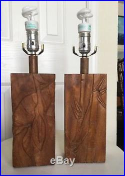 Pair Vtg Mid-Century Koa/Monkey Pod Wood Carved Anthurium Bamboo Hawaiian Lamps
