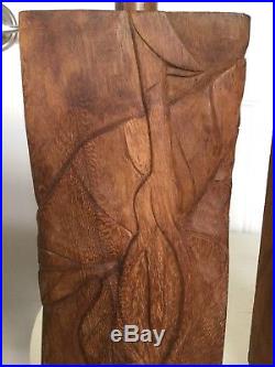 Pair Vtg Mid-Century Koa/Monkey Pod Wood Carved Anthurium Bamboo Hawaiian Lamps