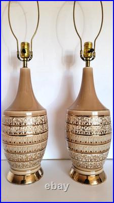 Pair Vtg Mid Century Modern Cocoa Brown & Gold all Ceramic Table Lamps
