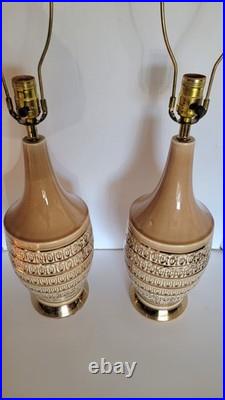 Pair Vtg Mid Century Modern Cocoa Brown & Gold all Ceramic Table Lamps